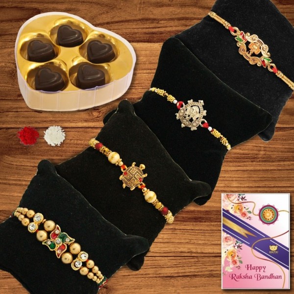 BOGATCHI 5 Heart Chocolate 4 Rakhi Roli Chawal and Greeting Card A | Rakhi with Chocolates |  Rakhi Chocolates Gifts